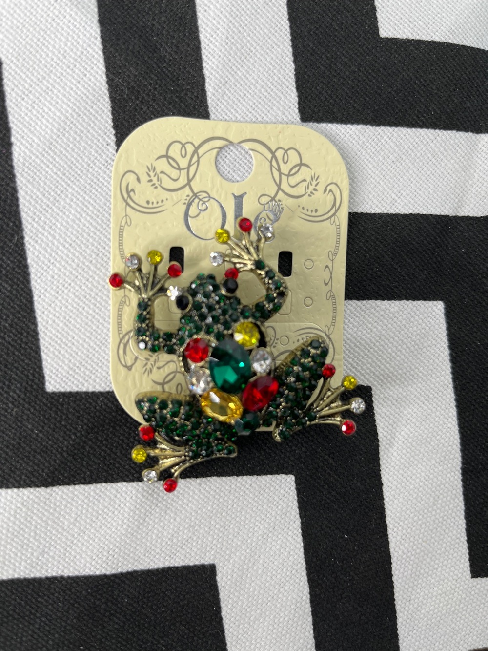 Stanley Green Frog Brooch with Red, Yellow, Clear and Gold Accents